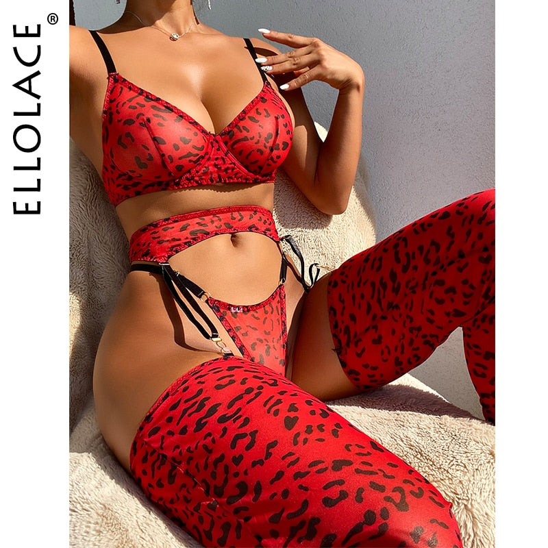 Ellolace Leopard Lingerie For Women Lace Set Of Underwear With Stockings 5-Pieces Erotic Thongs Garter Transparent Bra Pantyhose