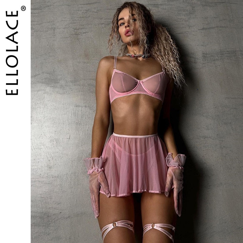 Ellolace Lingerie Sexy Transparent Lace Ruffle Garter Thongs Seamless Intimate Sheer Lace Underwear Uncensored Bra And Panty Set