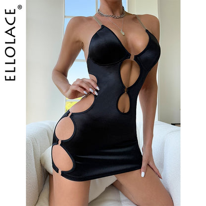 Ellolace Sexy Cut-Out Sheath Dress Silk Deep-V Neck Miniskirt Solid Sleevele Backless Spaghetti Strap Nightclub Vestidos