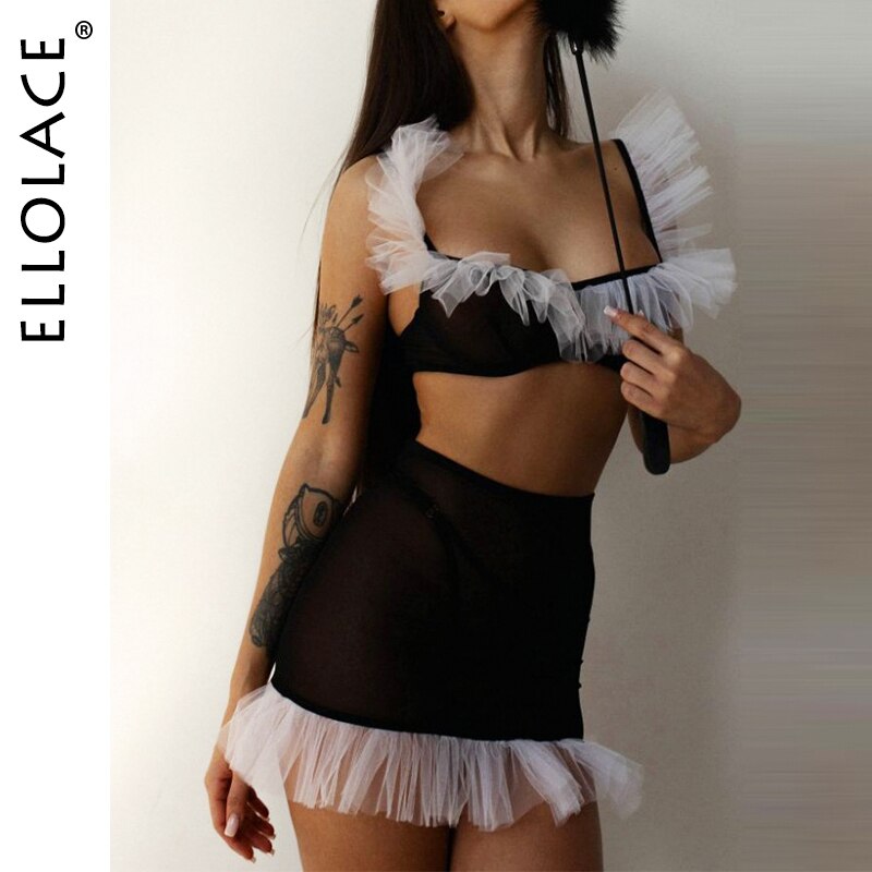 Ellolace Ruffle Lingerie Fairy Sensual Underwear Uncensored Lace Push Up Bra And Panty Outfit Sexy Night Club Fancy Intimate