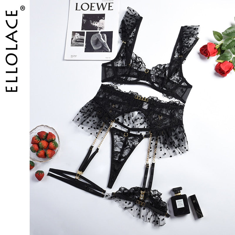 Ellolace Luxury Lace Lingerie Delicate Fancy Underwear Polka Dots Ruffles Transparent Sensual Exotic Sets With Garters 5-Pieces
