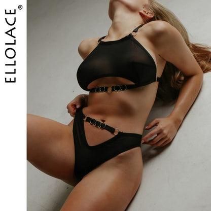 Ellolace Lingerie Cut Out Transparent Bra And Panty Set Woman 2 Pieces Seamless Female Underwear Sexy Outfits Black Intimate