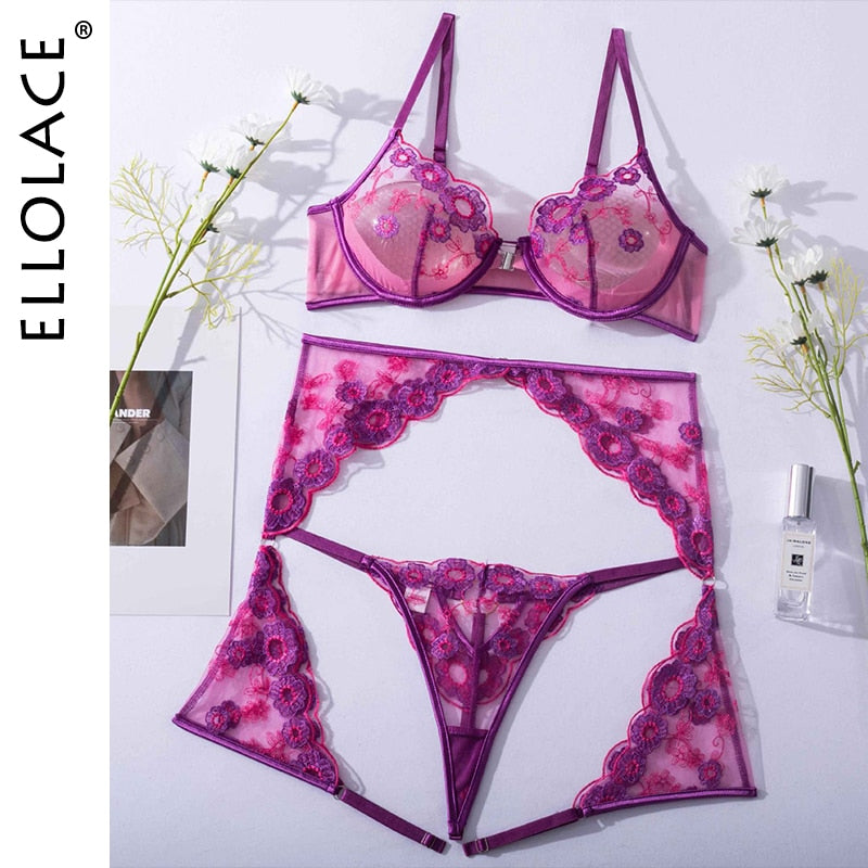 Embroidery 3-Pieces Lace Bra And Panty Sexy Garters Transparent Sets