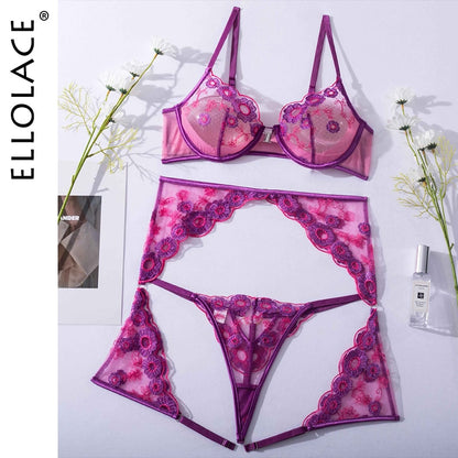 Embroidery 3-Pieces Lace Bra And Panty Sexy Garters Transparent Sets