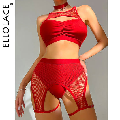 Sexy Fishing Net Patchwork 4-Pieces Bra And Panty Garters Sets