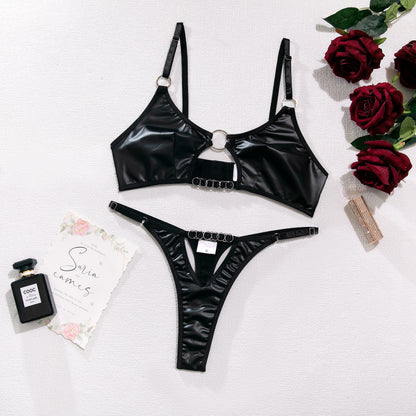 Leather Set Women 2 Piece Sexy Cut Out Wireless Round Ring Cupless Bra Set