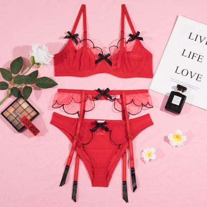 Sheer Lace Erotic Transparent Bra 3-Piece Red Sets