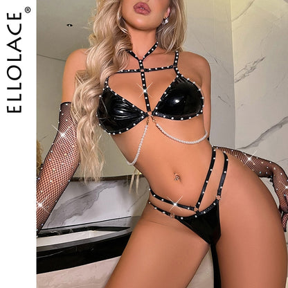 Ellolace Sexy Latex Lingerie With Pearl Set Woman 3 Pieces Erotic Thongs Black Leather Intimate Set Luxury Exotic Underwear