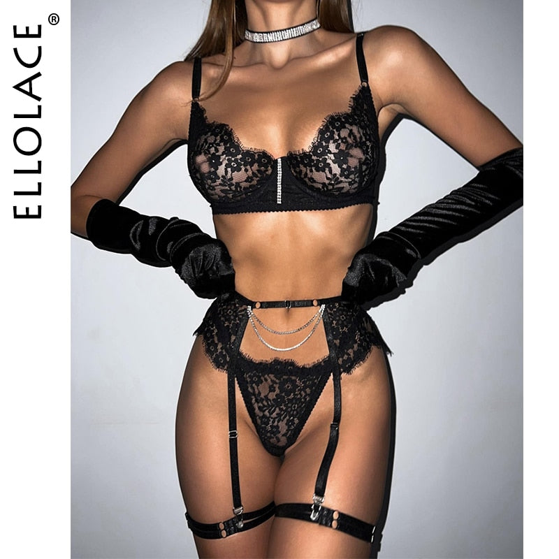 Ellolace Rhinestone Erotic Lingerie See Through Bra Fine Intimate Porn Bra And Panty Set Fancy Uncensored New In Matching Sets
