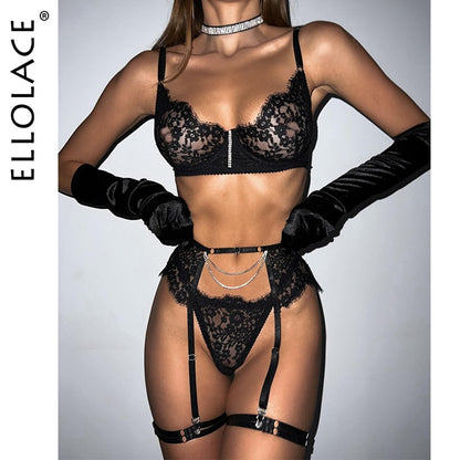 Ellolace Rhinestone Erotic Lingerie See Through Bra Fine Intimate Porn Bra And Panty Set Fancy Uncensored New In Matching Sets