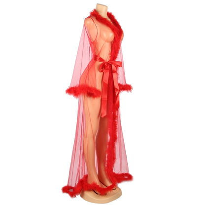Robe de Nuit Sensuelle en Plumes, Cardigan en V Profond, Chemise de Nuit en Dentelle Transparente, Manches sulfen Corne, Porno