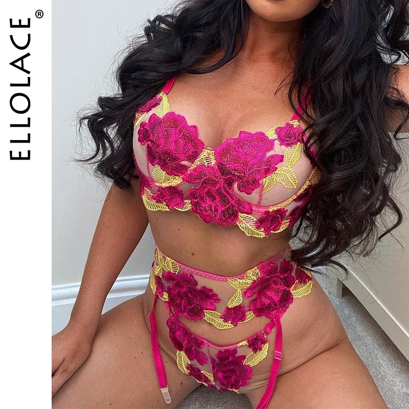 Ellolace Floral Lingerie Sexy Fancy Underwear Embroidery Erotic Brief Sets Lace Transparent Underwire Bra And Thong with Garters