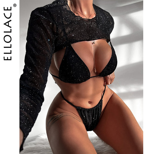 Micro Erotic Swimsuit New Black Glitter Separate Swimwear And Crop Top Long Sleeve Harajuku Full Bikini