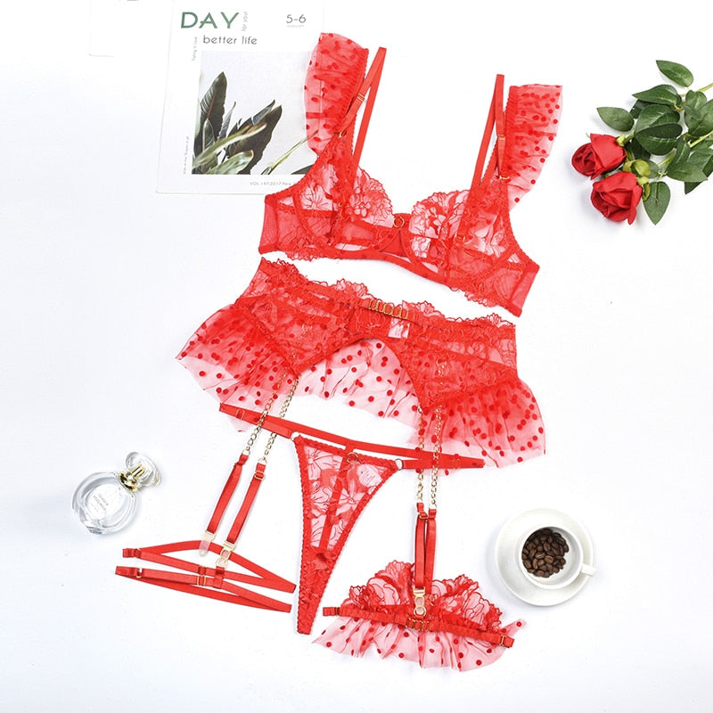 Ellolace Luxury Lace Lingerie Delicate Fancy Underwear Polka Dots Ruffles Transparent Sensual Exotic Sets With Garters 5-Pieces