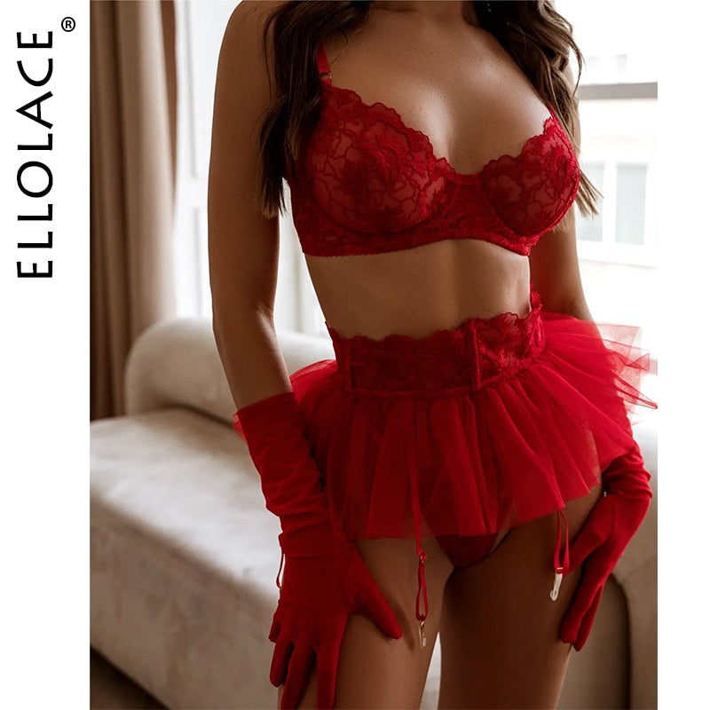 Ellolace Ruffle Lingerie Fancy Lace Floral Bra And Panty Set See Through Seamless Exotic Sets Sensual Sexy Brief Outfits