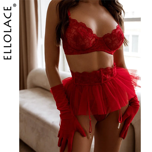 Ellolace Ruffle Lingerie Fancy Lace Floral Bra And Panty Set See Through Seamless Exotic Sets Sensual Sexy Brief Outfits