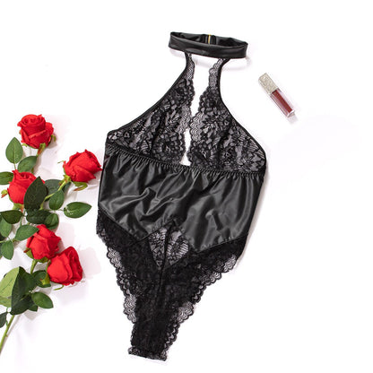 Sexy Leather Halter Bodysuit with Open Crotch