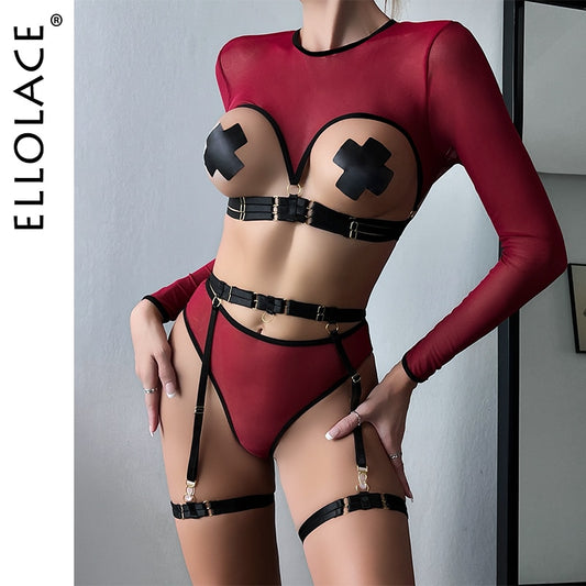 Ellolace Sensual Lingerie Open Bra Long Sleeve Sexy Fancy Underwear Uncensored Naked Bilizna Set Of Sex Lace Erotic Outfit