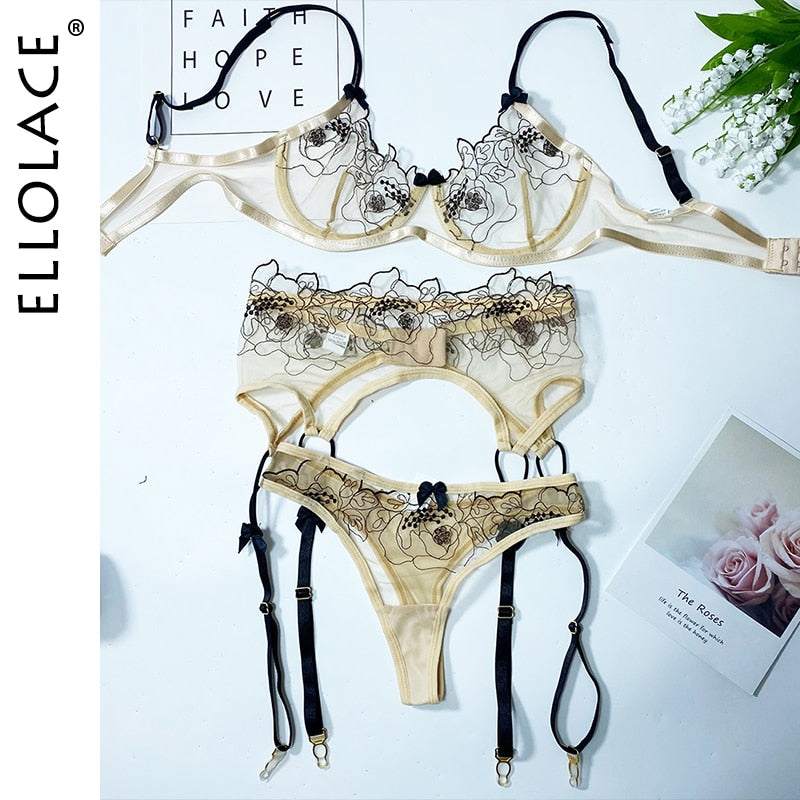 Ellolace Lingerie Sexy Transparent Bra Underwire Sheer Hot Porn Erotic Costumes Bowknot Floral Embroidery Garters Exotic Sets