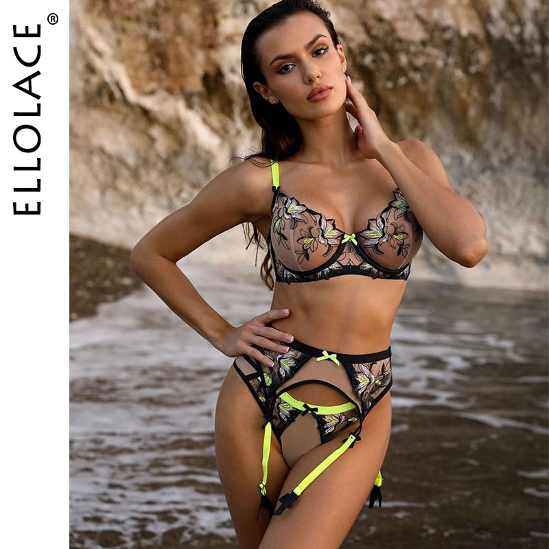 Floral Lace Sexy Embroidery 3-Piece Transparent Sheer Bra Kit Push Up
