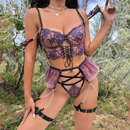 Ellolace Luxury Lingerie Fancy Lace Sexy Porn Underwear Women Body Floral Embroidery See Through Bra Thongs Garters Intimate
