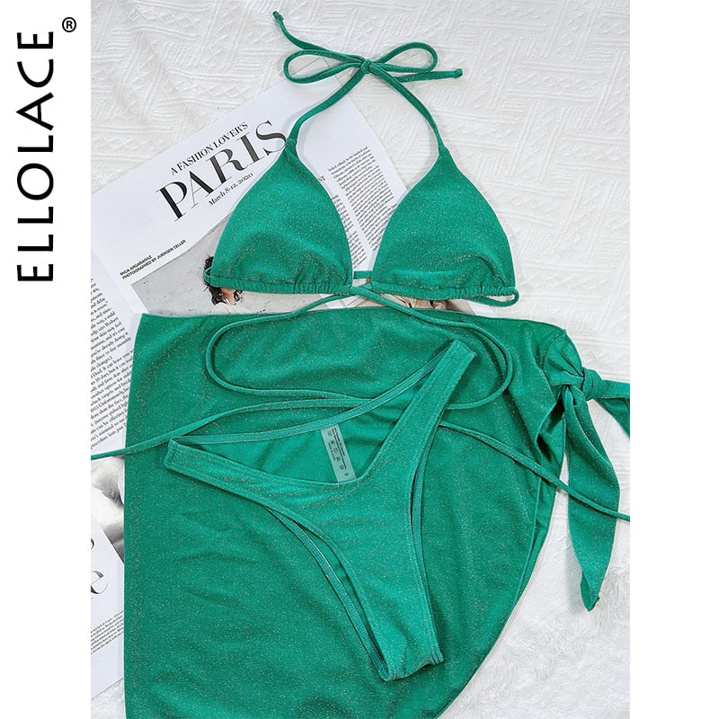 Glitter Swimwear With Cover Up Beach Brazilian Wrap Around Micro Bikini 3-Piece Padded Low Waist Swimming Sets
