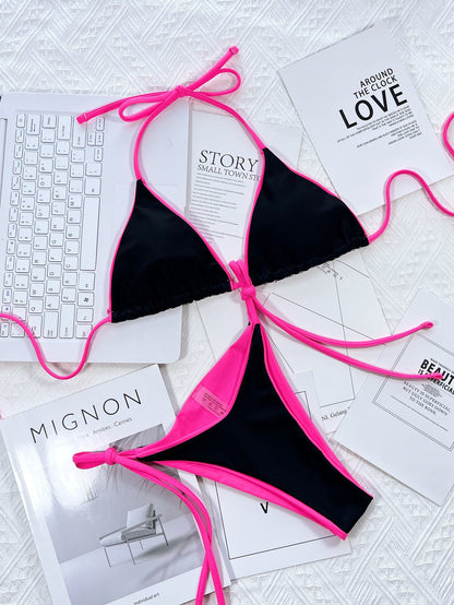 Halter Swimsuit Micro Bikini Patchwork Swimwear Sexy Summer Bathing Suits Lace Up Swimming Separate Beach