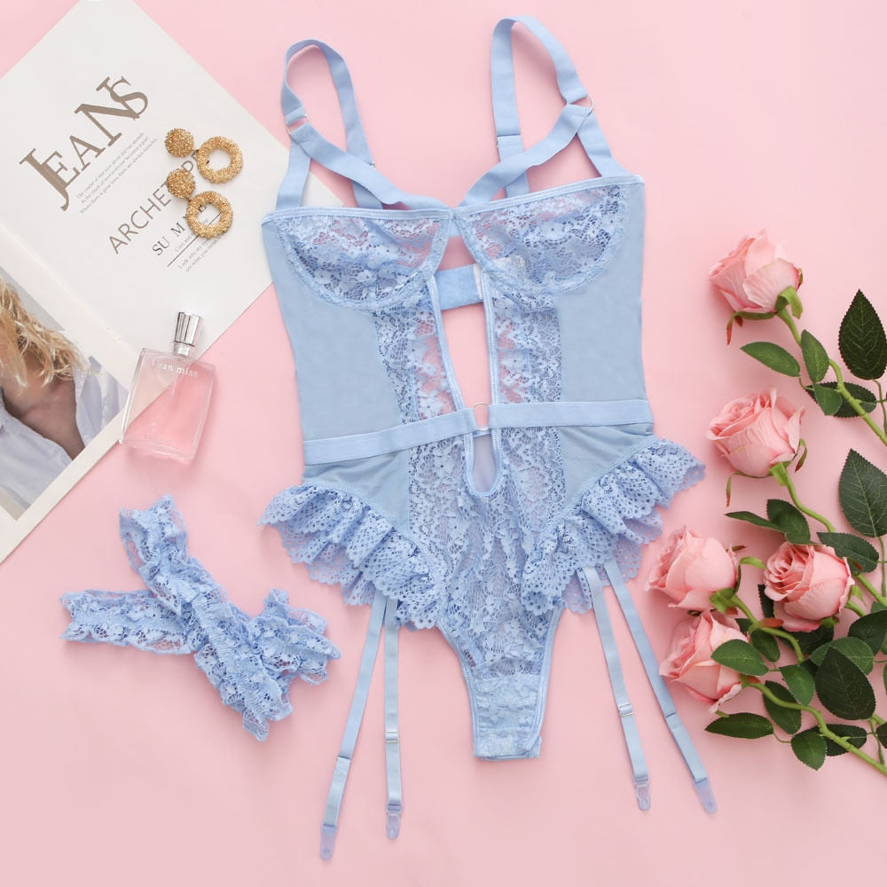Sexy Bodysuit Ruffle Lace Hollow Out Tops Erotic Crotchless Teddy Bear