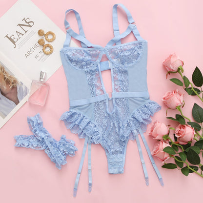 Sexy Bodysuit Ruffle Lace Hollow Out Tops Erotic Crotchless Teddy Bear