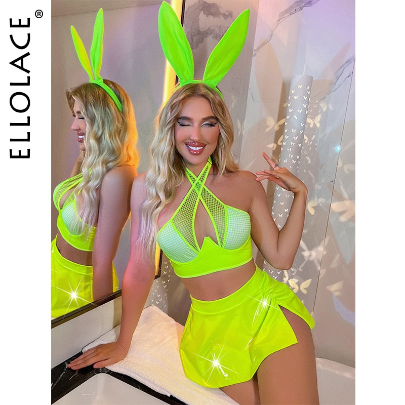 Ellolace Neon Latex Lingerie Fishing Net Cross Push Up Bra Skirt Leather Set Sexy Bunny Nightclub PVC Porn Sissy Girl Outfits