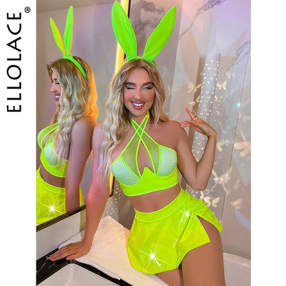 Ellolace Neon Latex Lingerie Fishing Net Cross Push Up Bra Skirt Leather Set Sexy Bunny Nightclub PVC Porn Sissy Girl Outfits
