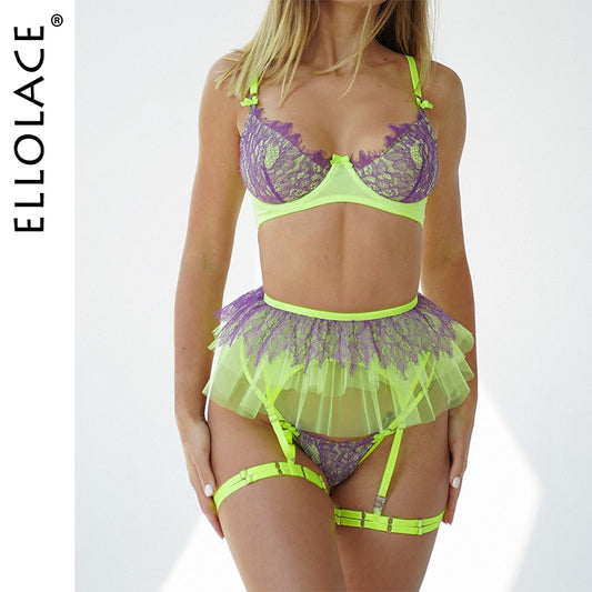 Ellolace Ruffle Lace Lingerie Sexy Patchwork Underwear Uncensored Bra And Panty Set Fairy Intimate Neon Garter Erotic Outfit