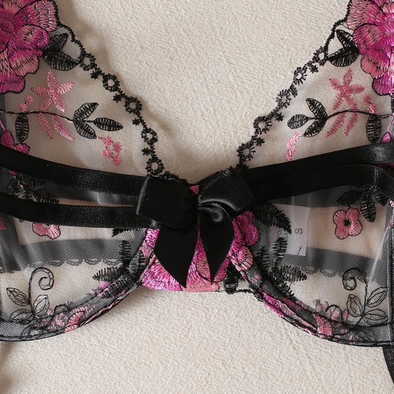Erotic Transparent Bra Set Women 2 Piece Sets Floral Crotchless