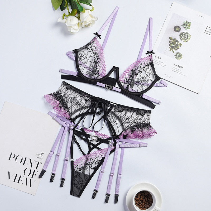 Lace Transparent Bra Ruffle Garters Thongs 3-Piece Sexy