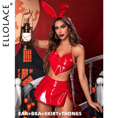 Ellolace Halloween Lingerie Bunny Latex Cosplay Sexy Costumes 4-Piece Thongs Halter Leather Sissy Underwear Nightclub Outfit