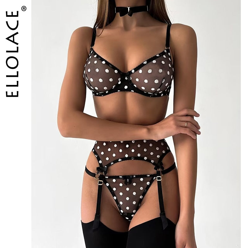 Polk Dot Sexy 4-Piece Set Erotic Bra And Panty Fetish Garter Belt Set
