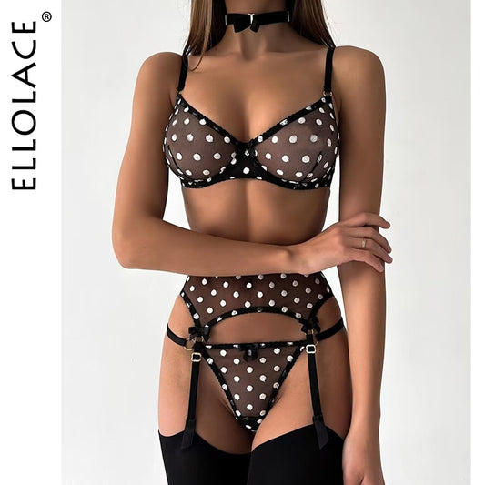 Polk Dot Sexy 4-Piece Set Erotic Bra And Panty Fetish Garter Belt Set