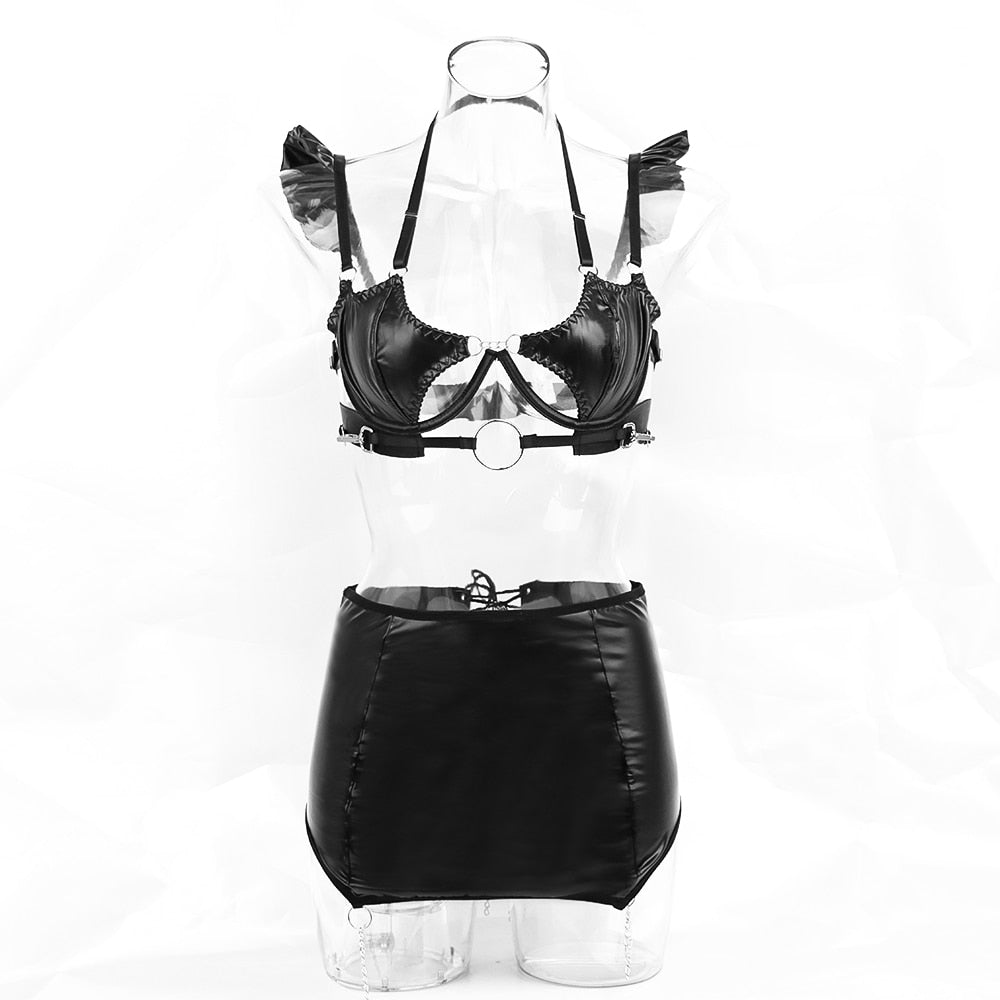 Latex Fetish Bandage Hollow Skirt Halter Push-Up Bras PVC 3-Pieces
