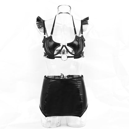 Latex Fetish Bandage Hollow Skirt Halter Push-Up Bras PVC 3-Pieces