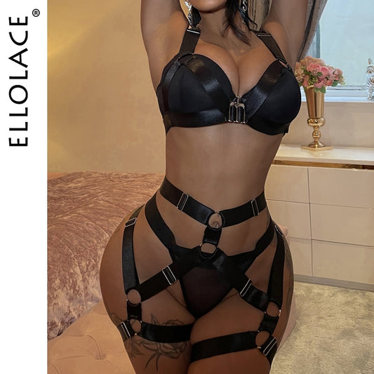 Ellolace-lencería Sexy de talla grande para mujer, ropa interior acolchada, sujetador y calzoncillos de fantasía erótica negra, conjunto de 4 piezas, tangas de tirantes