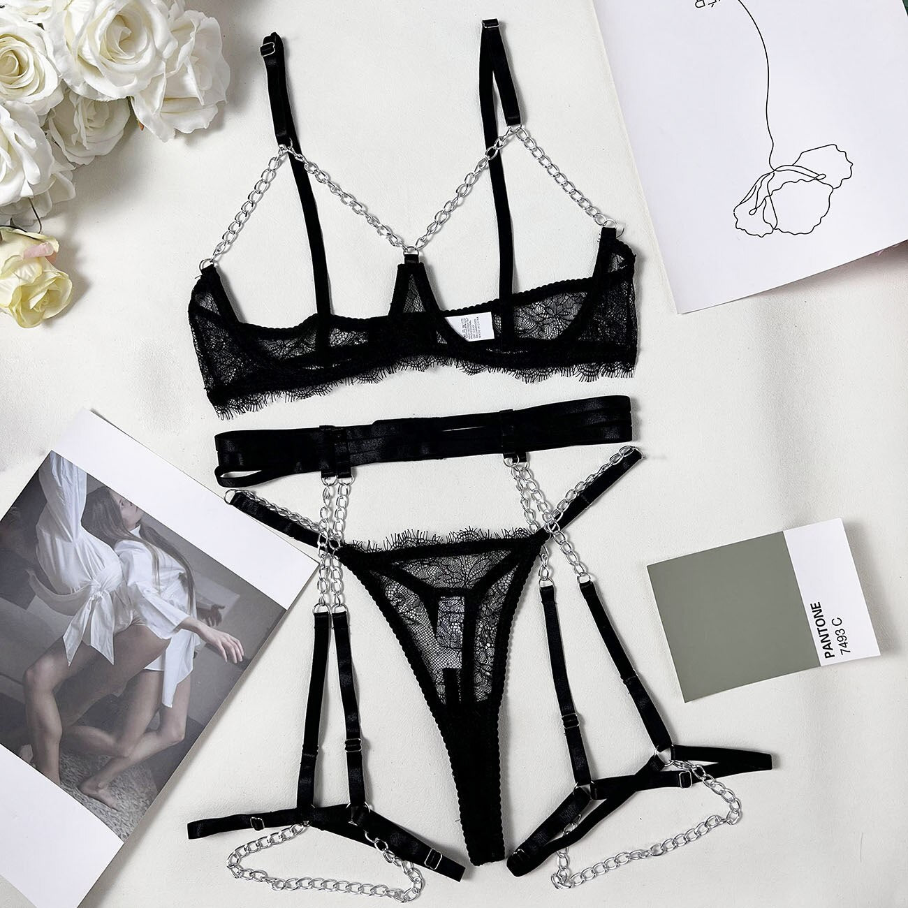 Cut Out Bra Sets Sexy Garter With Chain g-Strings Thongs Fetish 3-Piece