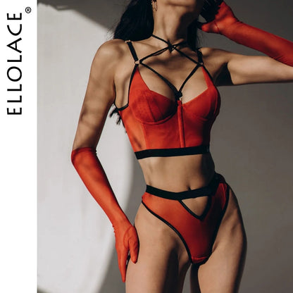 Ellolace Cross Bra Lingerie Seamless Underwear Lace Intimate Kits Fancy Set Women 2 Piece Sexy Exotic Outfit Black Brief Sets