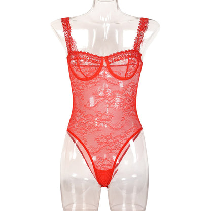 Ellolace Sheer Lace Bodysuit Seamless Lingerie Body Uncensored Transparent Top Tight Fitting Woman Sissy Open Crotch Teddy