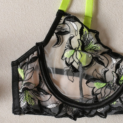 Floral Lace Sexy Embroidery 3-Piece Transparent Sheer Bra Kit Push Up