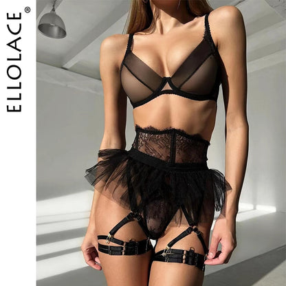 Ellolace Delicate Ruffled Lingerie Transparent Bra Garter Brief Set 4-Piece Sensual Tulle Underwear Uncensored Sissy Exotic Sets
