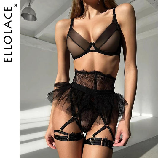 Ellolace Delicate Ruffled Lingerie Transparent Bra Garter Brief Set 4-Piece Sensual Tulle Underwear Uncensored Sissy Exotic Sets