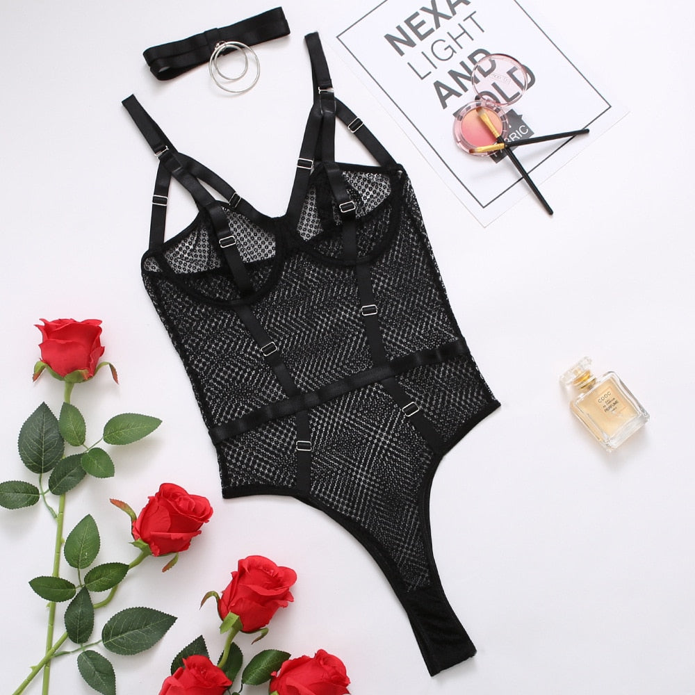 Sexy Bodysuit Women Transparent Lace Erotic With Open Crotch Mesh Teddy