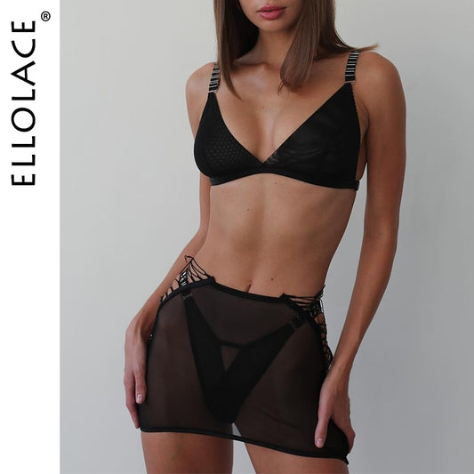 Ellolace Sensual Lingerie Bandage Garter Sheer Lace Underwear 4-Piece Seamless See Through Outfits Black Erotic Bilizna Set