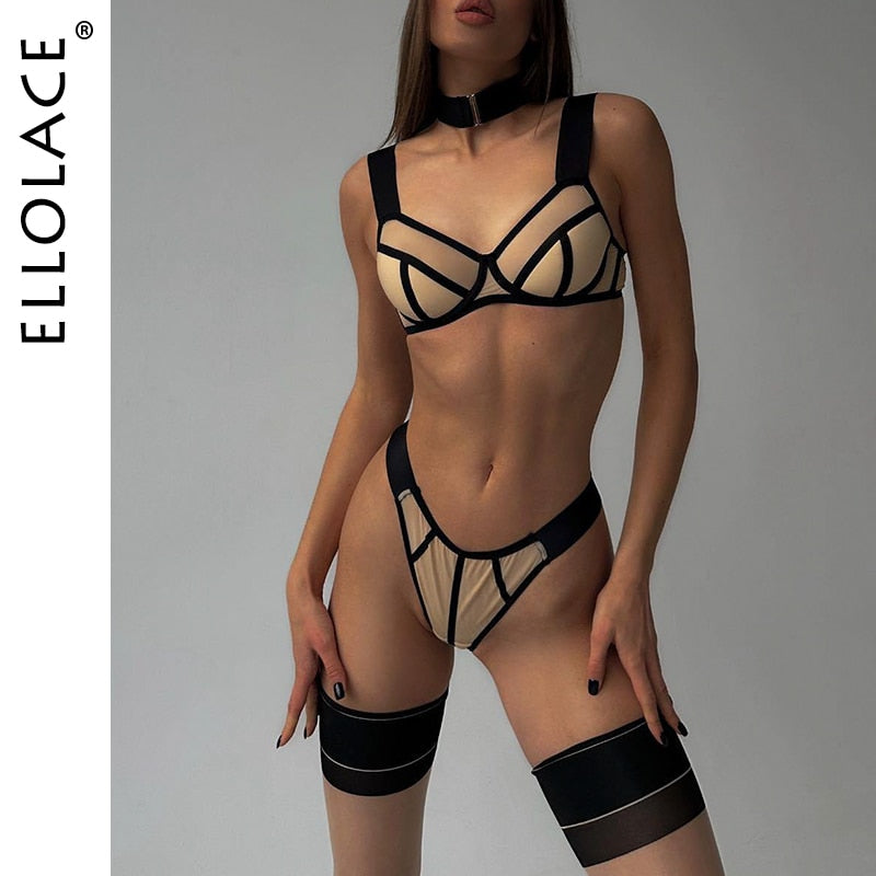 Ellolace Sensual Lingerie Sheer Lace Nude Underwear Uncensored Set Women 2 Piece Patchwork Intimate Seamless Nude Exotic Sets