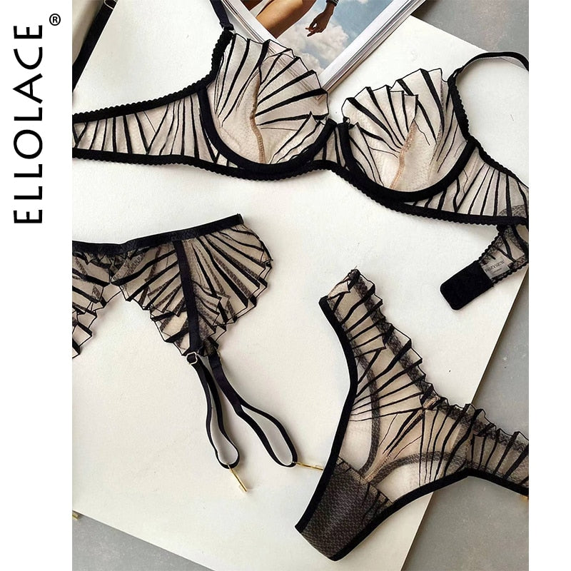 Ellolace Fancy Lingerie For Women Transparent Lace Embroidery Garter 3-Piece Sexy Underwear Sheer Bra Intimate Kits Bilizna Set
